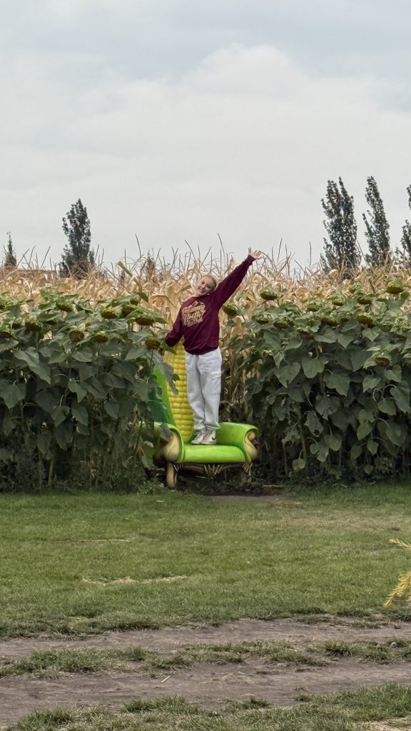 Girl waving from the giant corn cob chair in front of the sunflowers and Lacombe Corn Maze at Kraay Family Farm