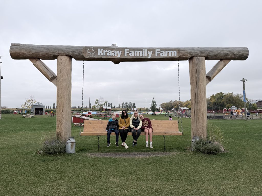 Carrie Meir, her son and their best friends from Edmonton on the giant swing under the Kraay Family Farm sign near Lacombe, Alberta